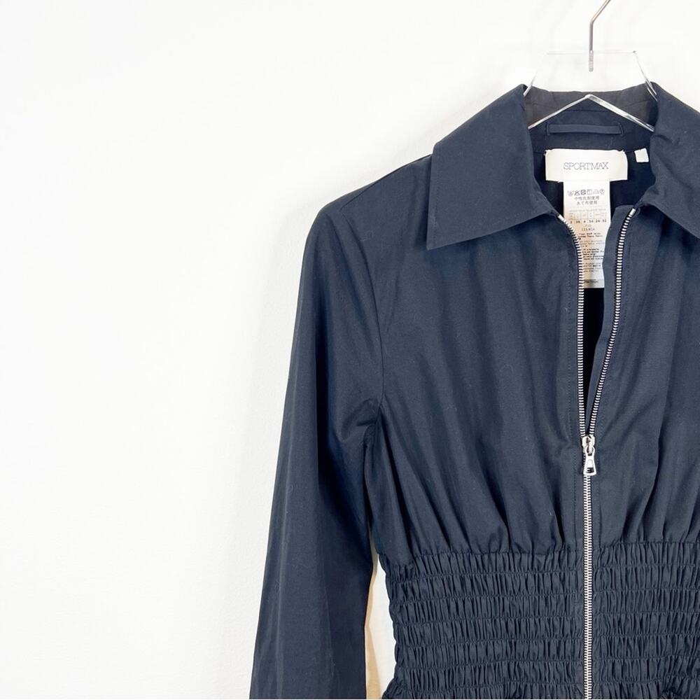 SPORTMAX MaxMara Poplin Smocked Waist Zip Front A-Line Shirtdress 2 Black - Picture 4 of 7